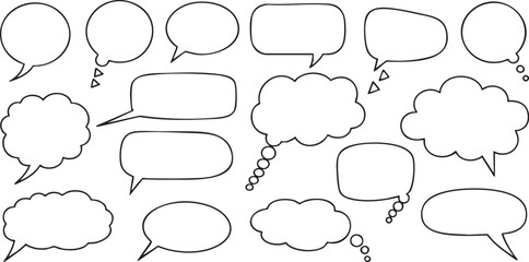 Vector Hand-Drawn Speech and Thought Bubbles Set. Doodle Comic Style Empty Dialogue and Idea Clouds for Communication, Storytelling, Chat, and Design Elements.
