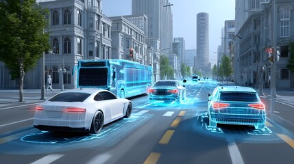 Autonomous vehicles driving on city street with ai technology and sensor data visualization system