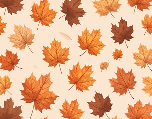 Obraz premium Seamless pattern of dry maple leaves in orange and brown tones, arranged aesthetically on a plain beige background, vector illustration style, autumn theme