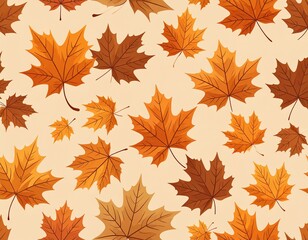 Seamless pattern of dry maple leaves in orange and brown tones, arranged aesthetically on a plain beige background, vector illustration style, autumn theme