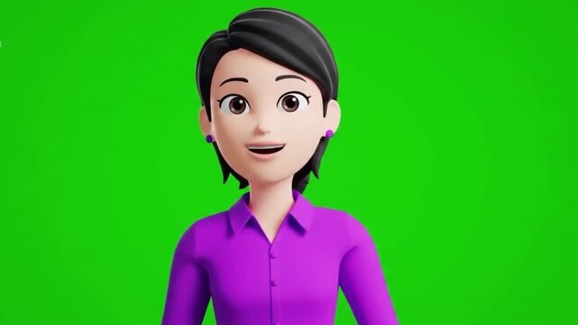A simple and clean 3D animated female avatar in a purple shirt, presented on a green screen background. Perfect for presentations, explainer videos, or corporate animations.
