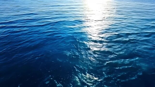 Aerial view of a vast, deep blue ocean surface reflecting sunlight, creating a shimmering effect.