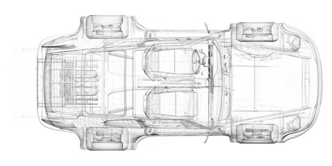 Sport car blueprint wireframe reveals detailed interior layout on a clean white background. Top view. Vector illustration © German Ovchinnikov
