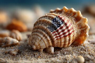 Decorative shell with American flag design on sandy beach during summer day