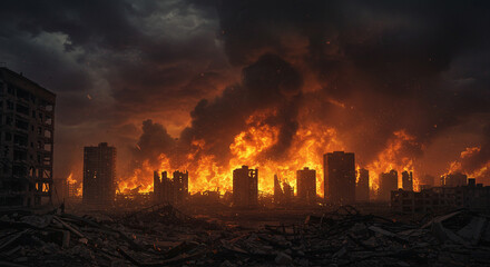 Devastation and fire engulf city skyline, symbolizing destruction and post-apocalyptic scenarios