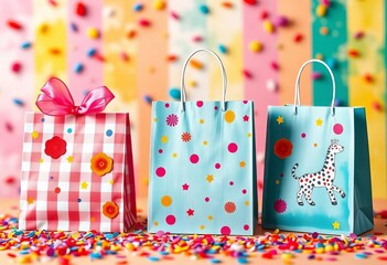 Vibrant carnival-themed gift bags & packaging; whimsical confetti, bold stripes, playful hand-painted illustrations,  detail,  party