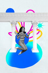 3d banner vertical pop photo collage of happy businessman businesswoman stand doodle geometric...