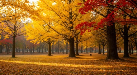 Camino dorado de oto&ntilde;o con vibrantes arces y ginkgos