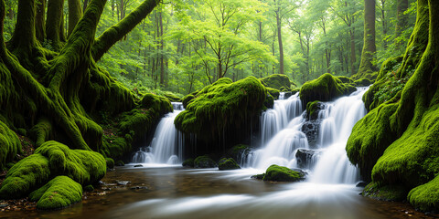 Waterfall in the forest full of green moss, a complete rainforest. AI generated.