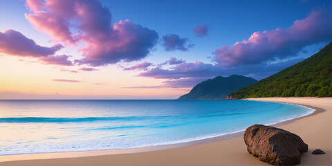 The beach at dusk has rocks and sand in the foreground, and the sky and clouds in the background. AI generated.