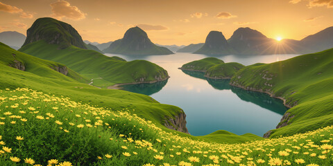 Green hills in the morning with flowers in the foreground and the sun rising on the horizon in the background. AI generated.