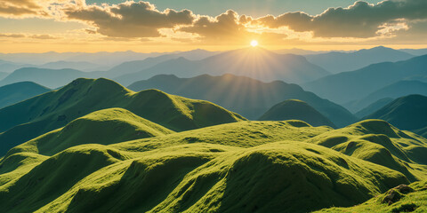 Green hills in the morning with the sun rising on the horizon. AI generated.