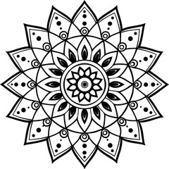 Detailed Black and White Mandala Flower with Dots and Circles Isolated on White Keywords: mandala, geometric, pattern, floral, design, ornamental, symmetrical, circular, abstract, art, black and