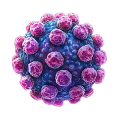 Microscopic view of a virus cell with pink spikes on a blue surface against a showcasing its complex structure and potential impact on transparent background