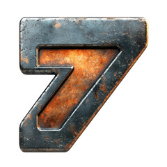 Rusted metal number seven with an industrial grunge style against a black backdrop showcasing texture and aged detail for design and creative projects on transparent background