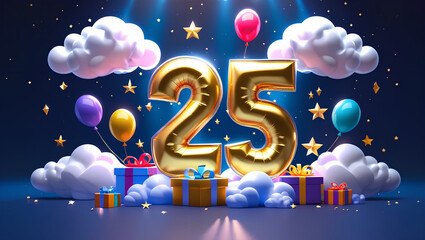 A festive banner "25" balloon in shiny gold, surrounded by gifts and clouds under a starry sky. Card  Ideal for birthdays and anniversaries.