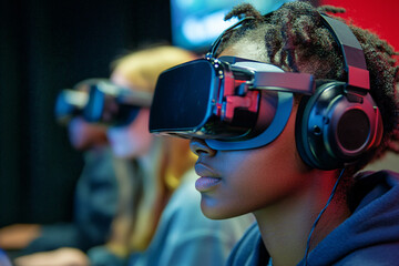 Concept for futuristic virtual classroom learning showing a black teenage boy with VR glasses
