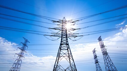 High voltage transmission towers with glowing wires against sunny blue sky - Energy concept - 3D illustration