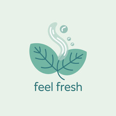 A refreshing and clean logo design featuring two vibrant green leaves emitting a gentle wisp of steam and small bubbles conveying a sense of freshness and well being with the text feel fresh