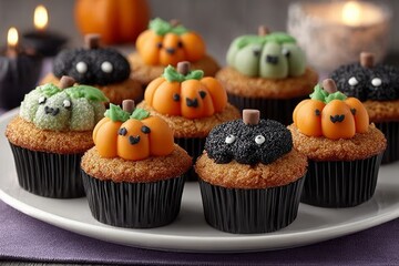 Pumpkin Patch Cupcakes adorned with mini cakes with squash-themed toppers, placed on purple cloth with blurred candles. Concept of warm, inviting ambiance featuring Pumpkin Patch Cupcakes.
