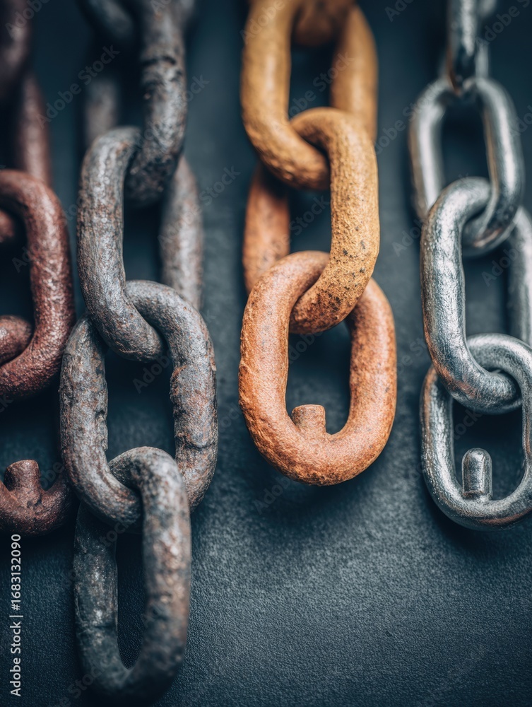 Aufkleber multiple chains of various colors and textures hang vertically, showcasing a blend of rusted and shi
