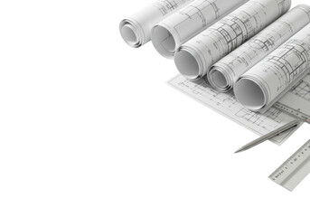 Pristine, rolled white architectural blueprints, engineering drawings, and a sleek silver drafting pen on a transparent background with negative space, flat lay. Concept of strategic planning and