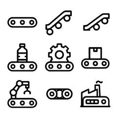 Nine Line Art Icons Depicting Automated Manufacturing Processes.