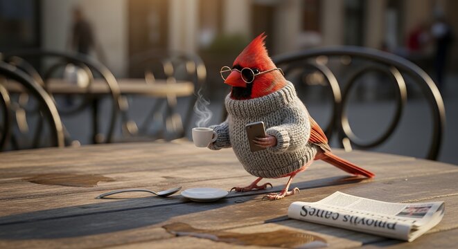 Cardinal Bird in Sweater and Glasses Drinks Coffee, Uses Smartphone at Outdoor Cafe Table