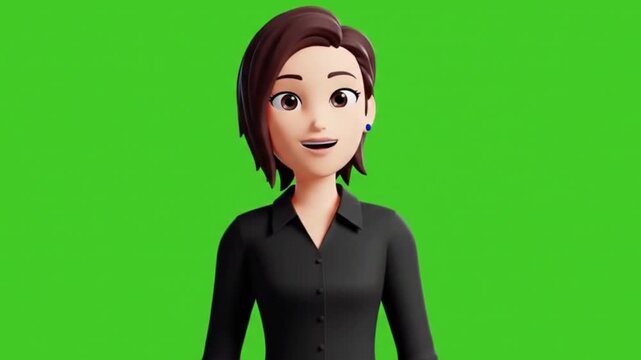 A simple and clean 3D animated female avatar in a black shirt, presented on a green screen background. Perfect for presentations, explainer videos, or corporate animations.