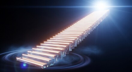 A staircase leads upwards towards a bright, shining light at the top, set against a dark, ethereal background.