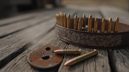 Detailed Close-Up of Intricate Cowboy Belt with Engraved Design and Bullets on Weathered Wood Surface