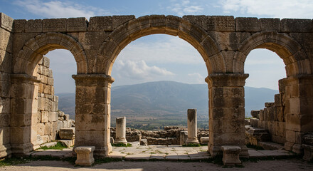 Obraz premium Ancient stone arches framing a stunning mountain view, evoking history and travel vibes perfectly