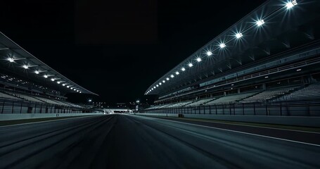 Starting camera tracking forward empty pit lane under floodlights at night, overpass gantry nearing - Powered by Adobe