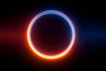 Obraz premium Neon light effect circle on a black background, glowing ring frame in orange and blue colors, glowing lines.