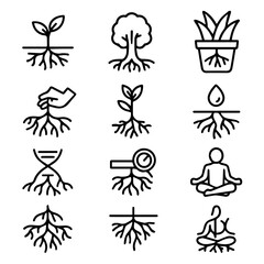 Rooted Concepts A Collection of Black and White Line Art Icons.