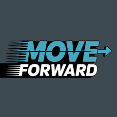 Bold blue and white text with a stylized arrow indicating forward motion and progress against a dark grey background representing momentum and positive change