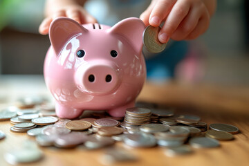 Child hand puts coin into pink piggy bank. Money savings concept for future finance.