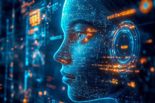 Digital AI face profile with glowing blue circuits and orange data. Future technology concept.