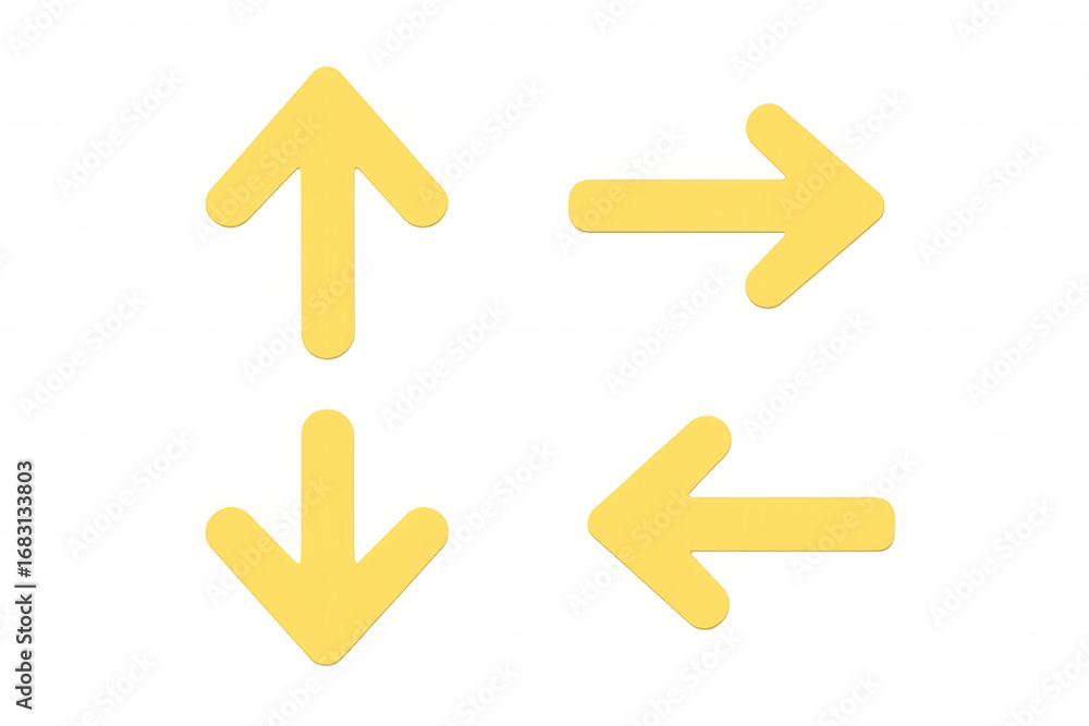 Poster yellow arrows pointing in cardinal directions on transparent surface, representing navigation guidan