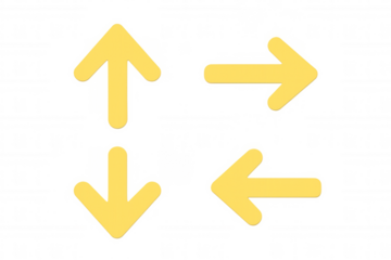 Yellow arrows pointing in cardinal directions on transparent surface, representing navigation guidance and strategic decision-making