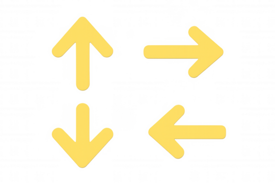 Yellow arrows pointing in cardinal directions on transparent surface, representing navigation guidance and strategic decision-making