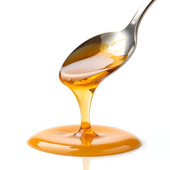 Golden honey dripping from a spoon, isolated on a white background