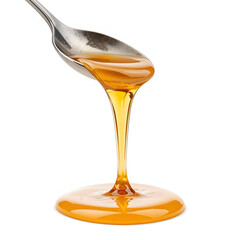 Golden honey dripping from a spoon, isolated on a white background