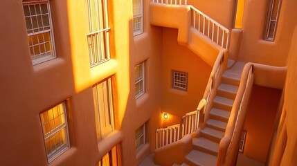 Architectural detail showing a building with stairs, windows, and exterior elements