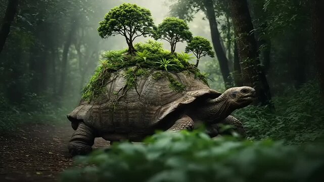Giant tortoise carrying miniature trees in lush forest
