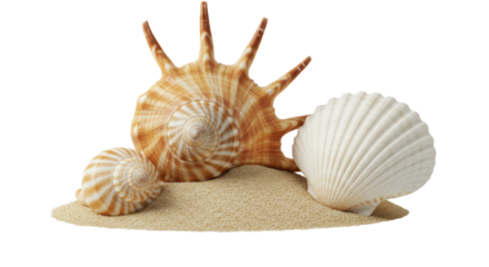 Three pristine shells: orange/white conch, beige conch, white scallop, on light sand against transparent studio background, natural beauty and tranquility concept