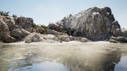 Gentle waves lap against the shore as sunlight bathes the rugged cliffs. The serene atmosphere invites reflection and calmness amidst the natural beauty of the coastline.