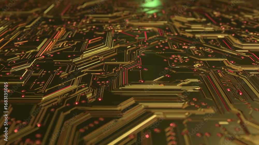 Poster intricate circuitry design with glowing lines and dynamic patterns showcases technologyтs essence