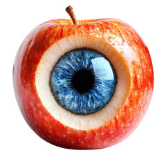 Surreal apple with a vibrant blue human eye embedded in its core creating a striking and unusual visual concept against a stark on transparent background