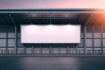 Large blank billboard on a modern building exterior, illuminated by soft lighting, showcasing ample copy space for advertising or promotional content